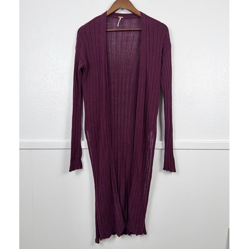 Free People Ribbed Longline Duster Cardigan S Linen Blend Plum Purple - Picture 2 of 9